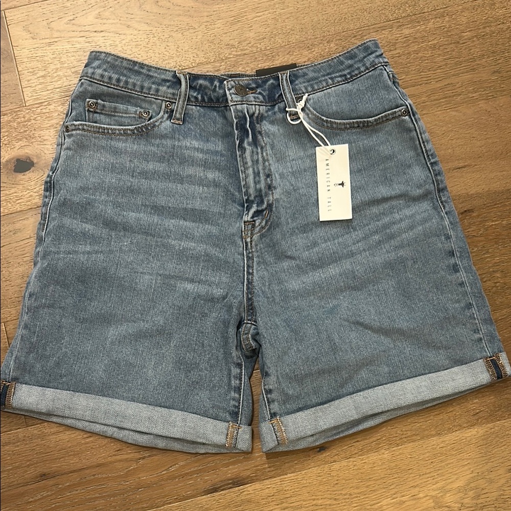 Blue High-Waisted Jean Shorts with Rolled Hem